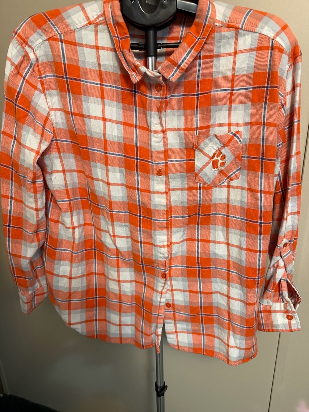 UG Apparel Clemson Tigers Orange & White Plaid Flannel Boyfriend Shirt -size 1 x